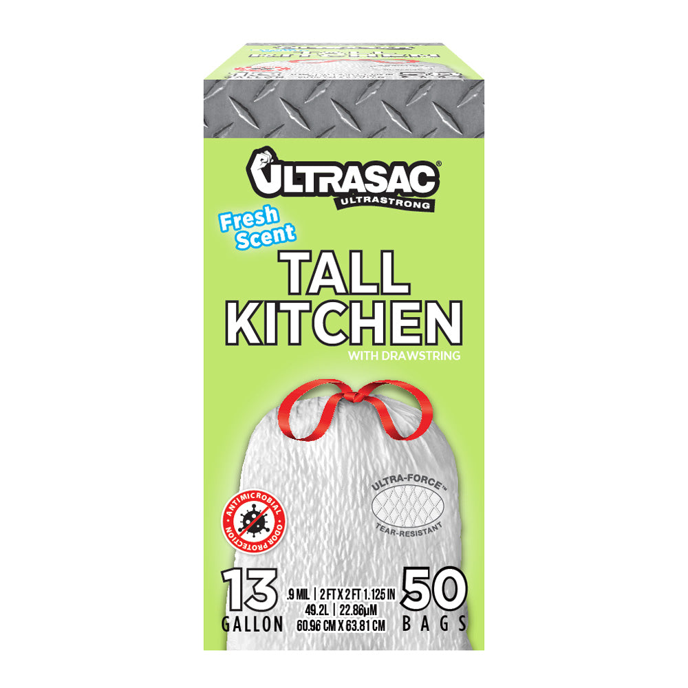 Ultrasac 13 Gallon 0.9 MIL Fresh Scent White Drawstring Tall Kitchen Trash  Bags - 24 x 25 - Pack of 50 - For Home, Kitchen, Food Services, 